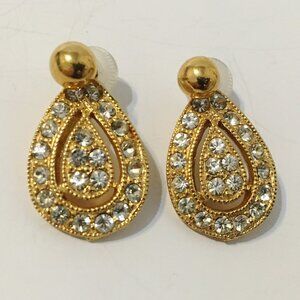Celebrity Jacket Earrings Gold Tone Clear Rhinestone Tear Drop Stud Post Signed